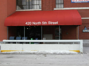Canvas entryway canopy with address on valance in Minneapolis