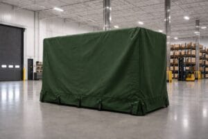 Covered equipment in industrial warehouse setting